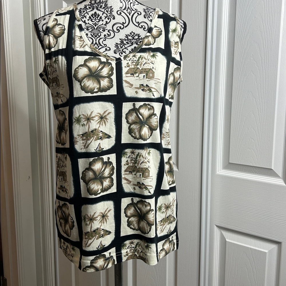 Hibiscus Hawaii Sleeveless Floral Grid Print Tank Top - Black & Cream L Cotton